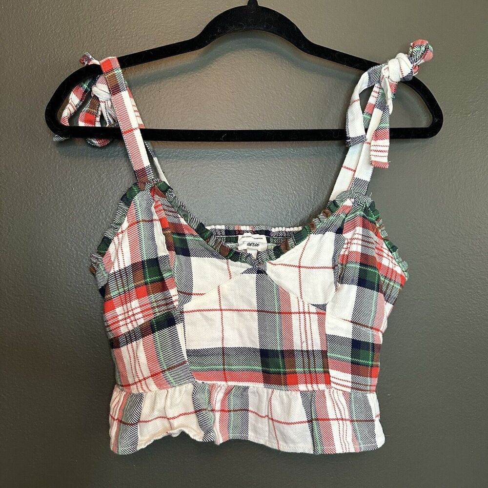 Aerie Women's Pajama Top Sz S Flannel Plaid Ruffle Crop White Red Holiday NWT